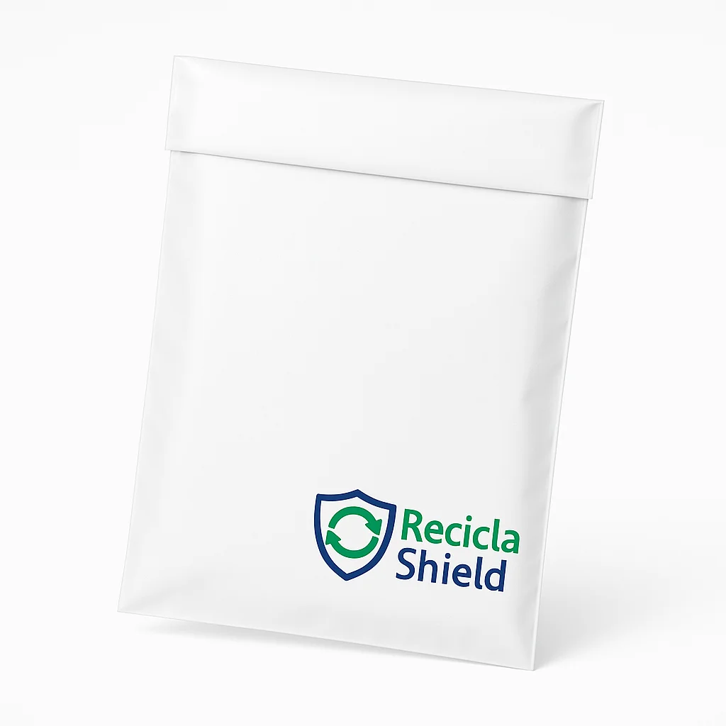Bolsa plástica reciclada de extrusión sencilla marca Recicla Shield, para envíos básicos.