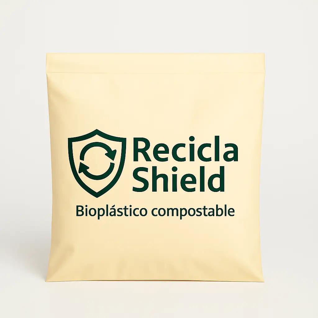 Bolsa de bioplástico compostable color crema con logo Recicla Shield, ideal para empaques sostenibles.