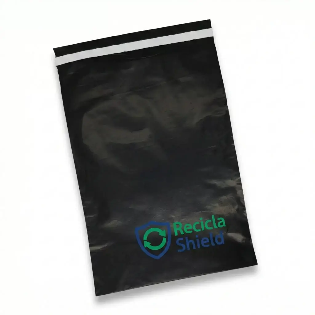 Bolsa de mensajería de plástico negro con tira adhesiva blanca en la parte superior. En la esquina inferior derecha, presenta el logotipo "Recicla Shield" con un icono de escudo y flechas de reciclaje en colores azul y verde, sobre un fondo blanco liso.