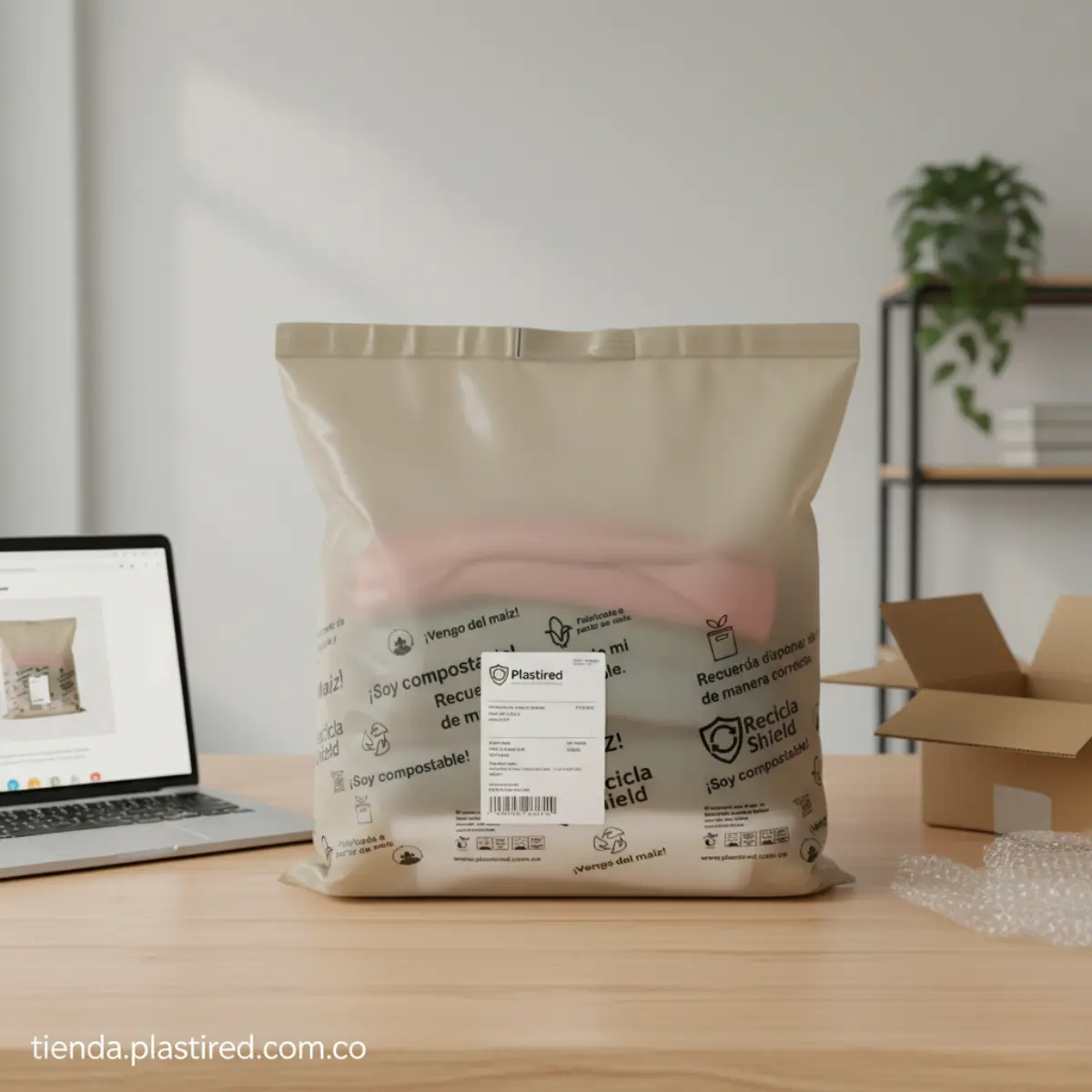 Bolsa de seguridad e-commerce 100% compostable hecha de maíz en Bogotá Colombia.