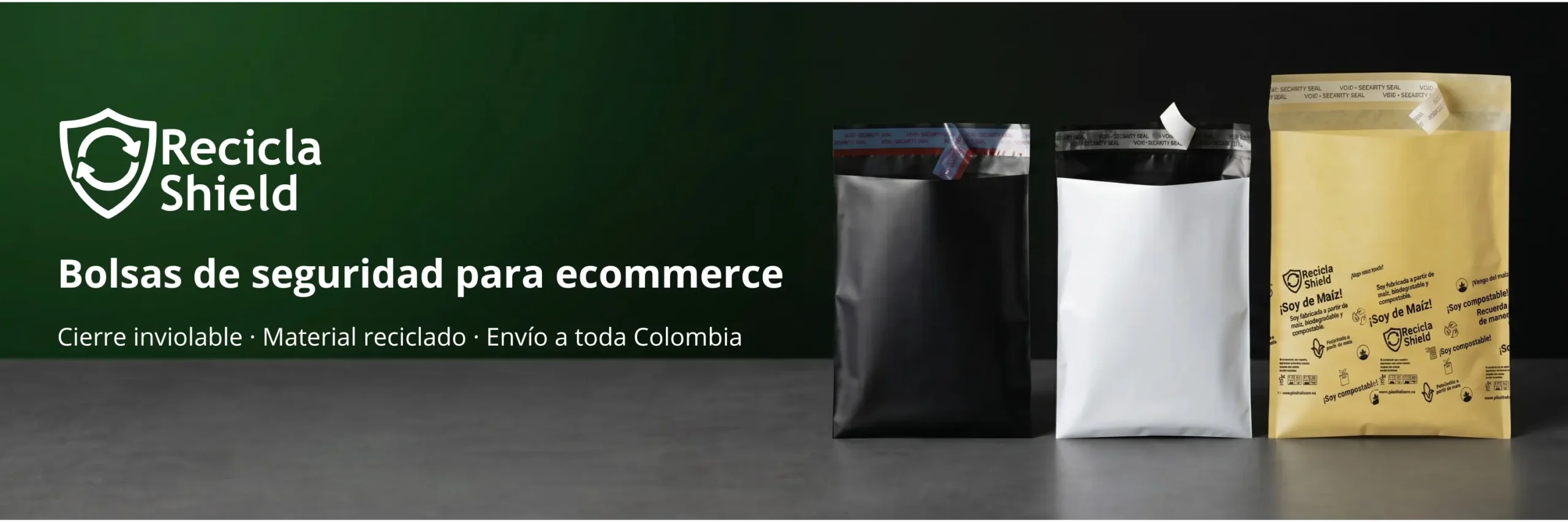 Tres líneas de bolsas de seguridad para ecommerce Recicla Shield: negra económica, doble capa blanca y bioplástico compostable