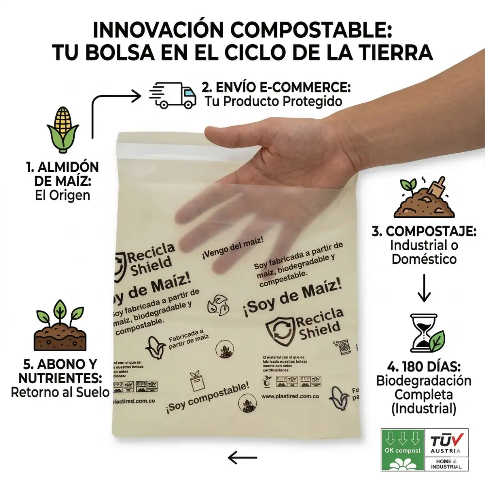 Infografía beneficios sobres de bioplástico compostable Recicla Shield e-commerce Colombia.