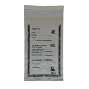 Bolsa de seguridad para efectivo con formulario impreso de origen, declaración de contenido y validación con doble firma — Recicla Shield Colombia